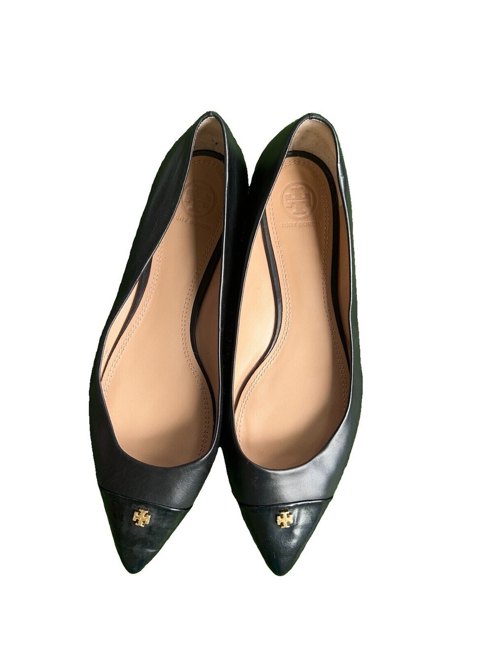 Tory Burch Fairford Black Leather Pointy Toe Cap Toe Flats Size